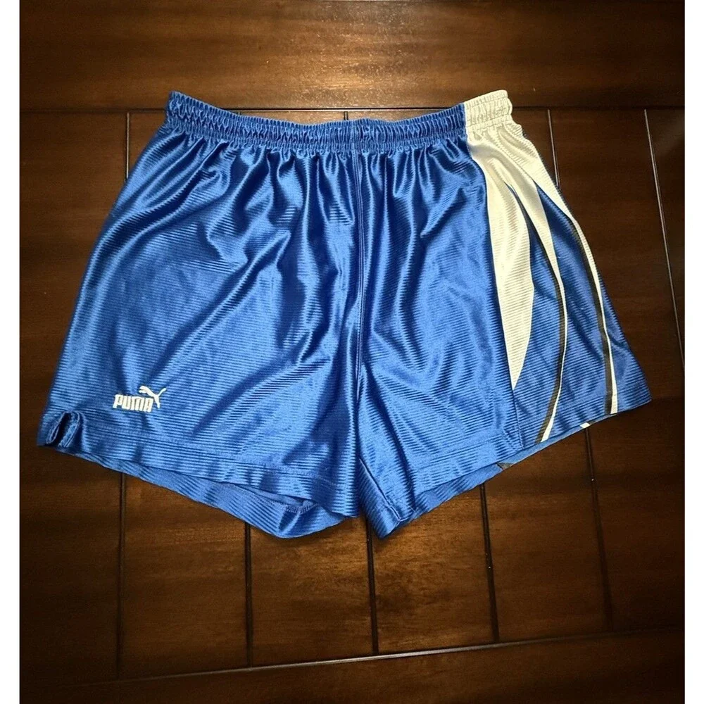 🔥 RARE PUMA Vintage Shiny Silky Dazzle Basketball Running Shorts Blue XL USA!